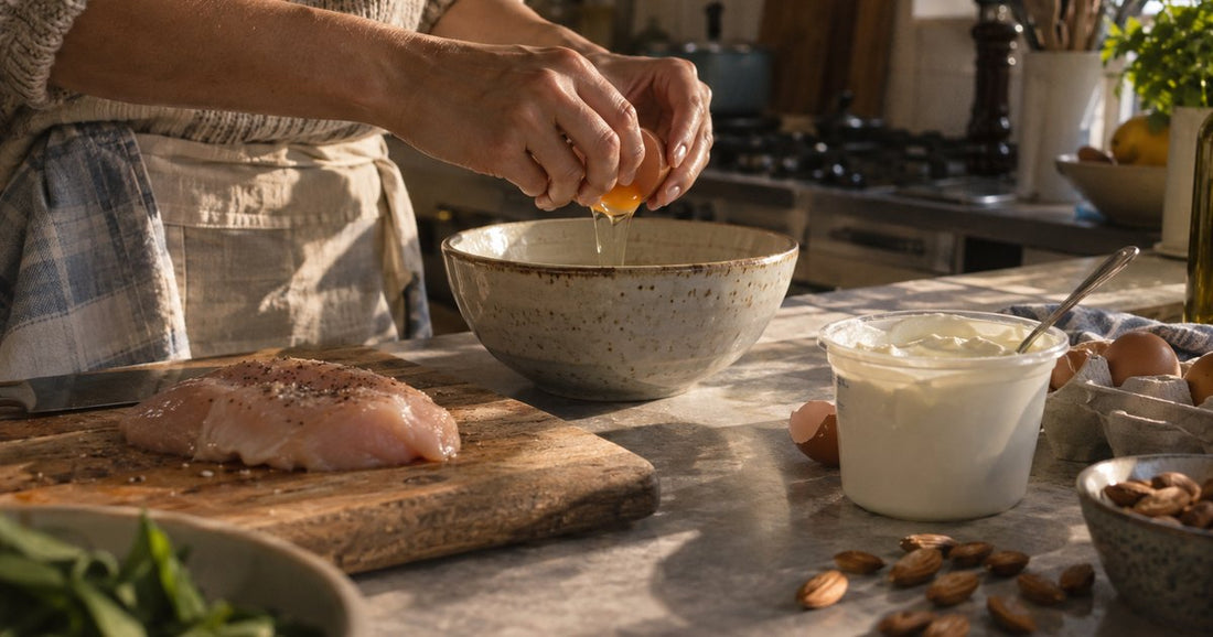 Flat lay of high-protein foods — eggs, Greek yoghurt, almonds and chicken — on a cream surface