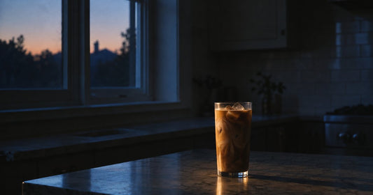 A single glass of iced protein coffee alone on an empty surface in morning light, illustrating a fasting-style morning