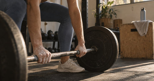 A glass of iced protein coffee beside a small kettlebell in morning light