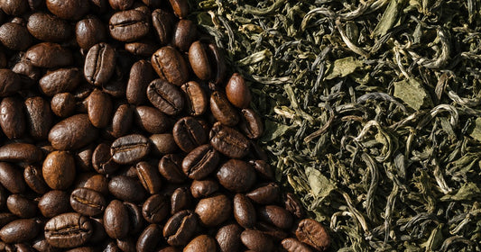 Iced coffee with coffee beans and green tea leaves, the two sources of caffeine and L-theanine
