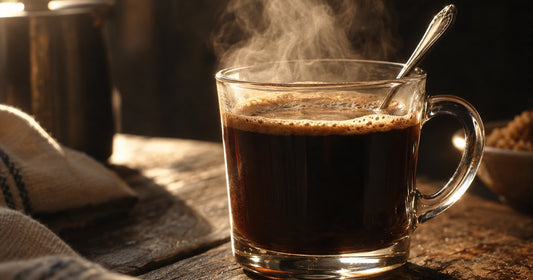 A steaming glass mug of hot coffee beside a dish of protein powder and a teaspoon